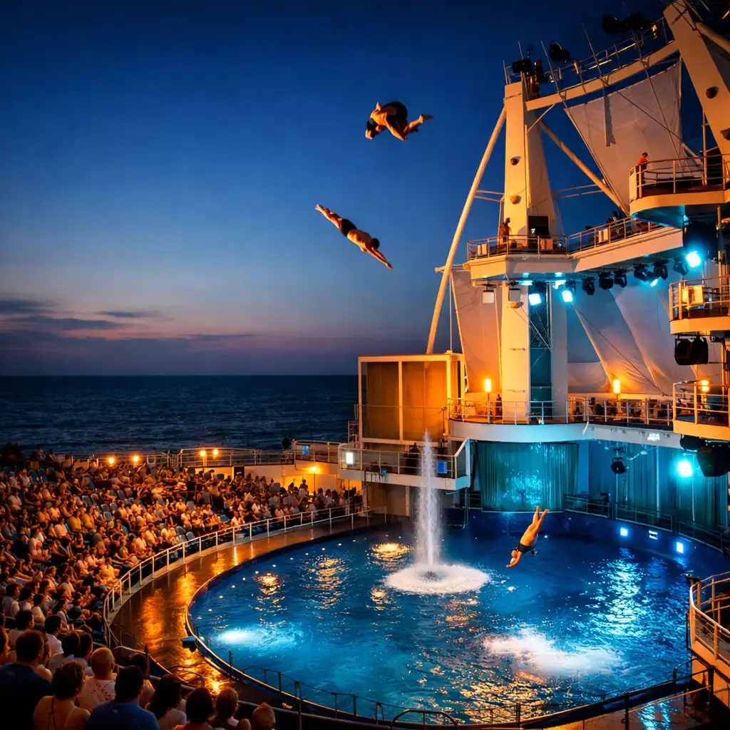 Open-air aqua theater at dusk with high-diving performers and tiered seating