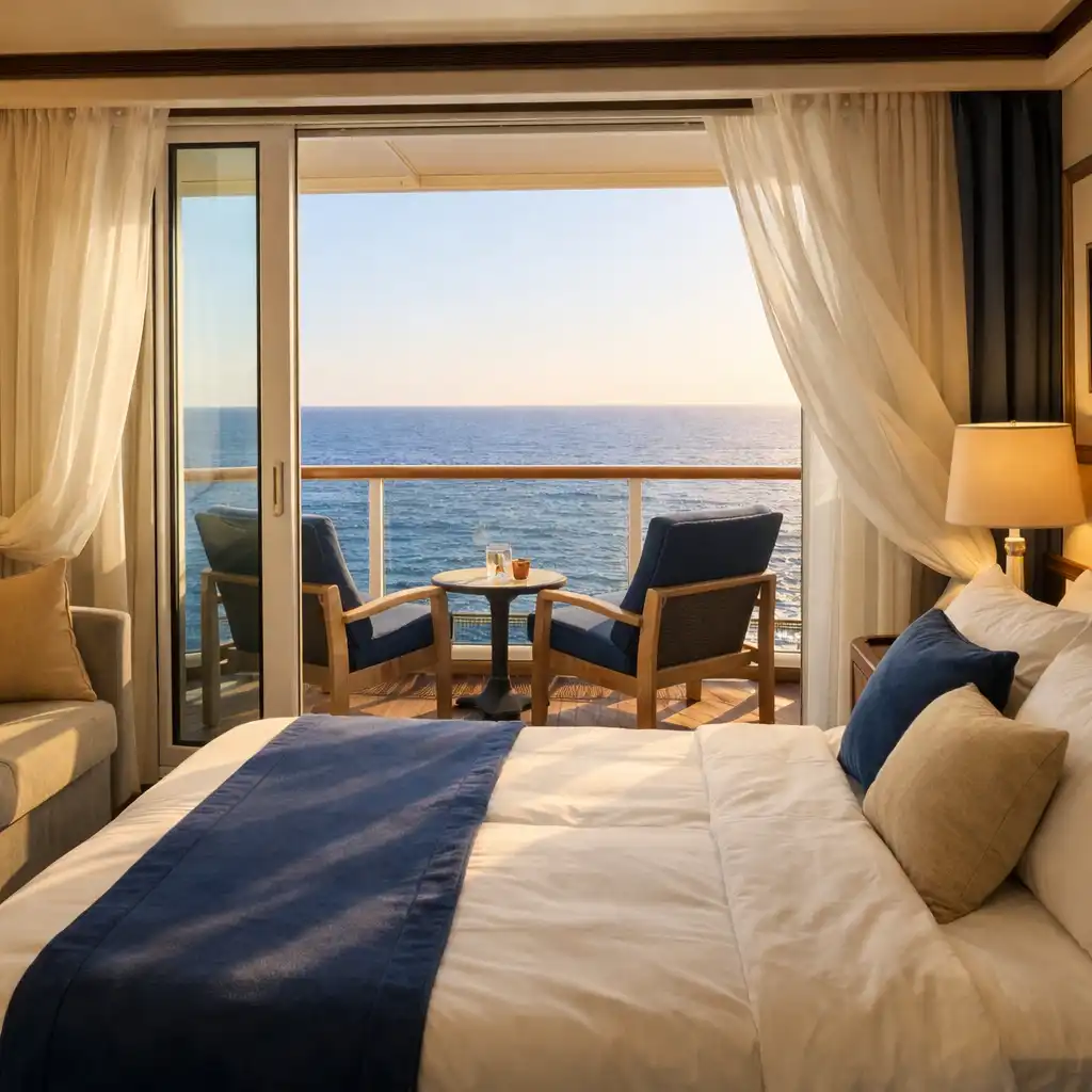 Balcony cabin with sliding glass door open to a private veranda overlooking the ocean
