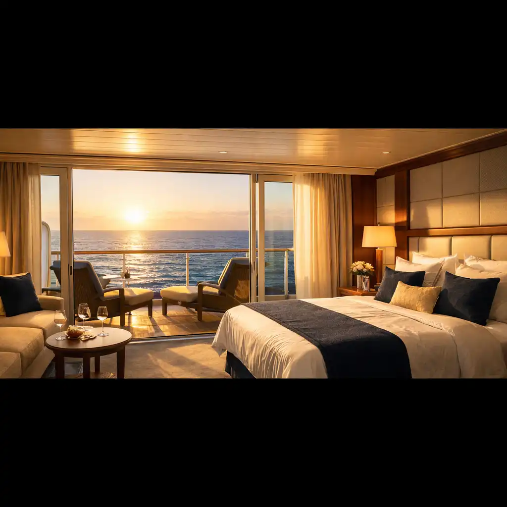 Luxurious cruise ship balcony cabin with open door revealing a private veranda and deep blue ocean