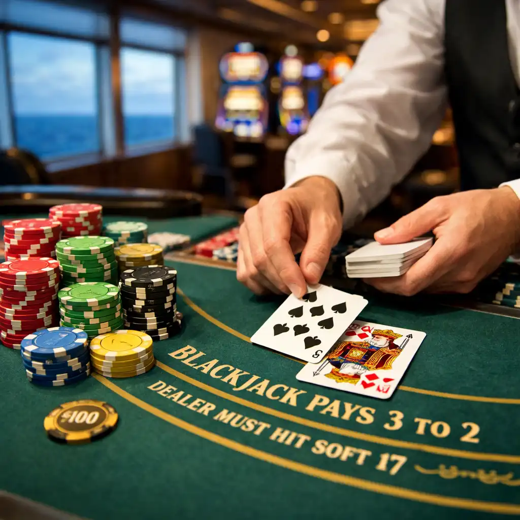 A close-up view of a blackjack table on a cruise ship with a dealer dealing cards and colorful chips