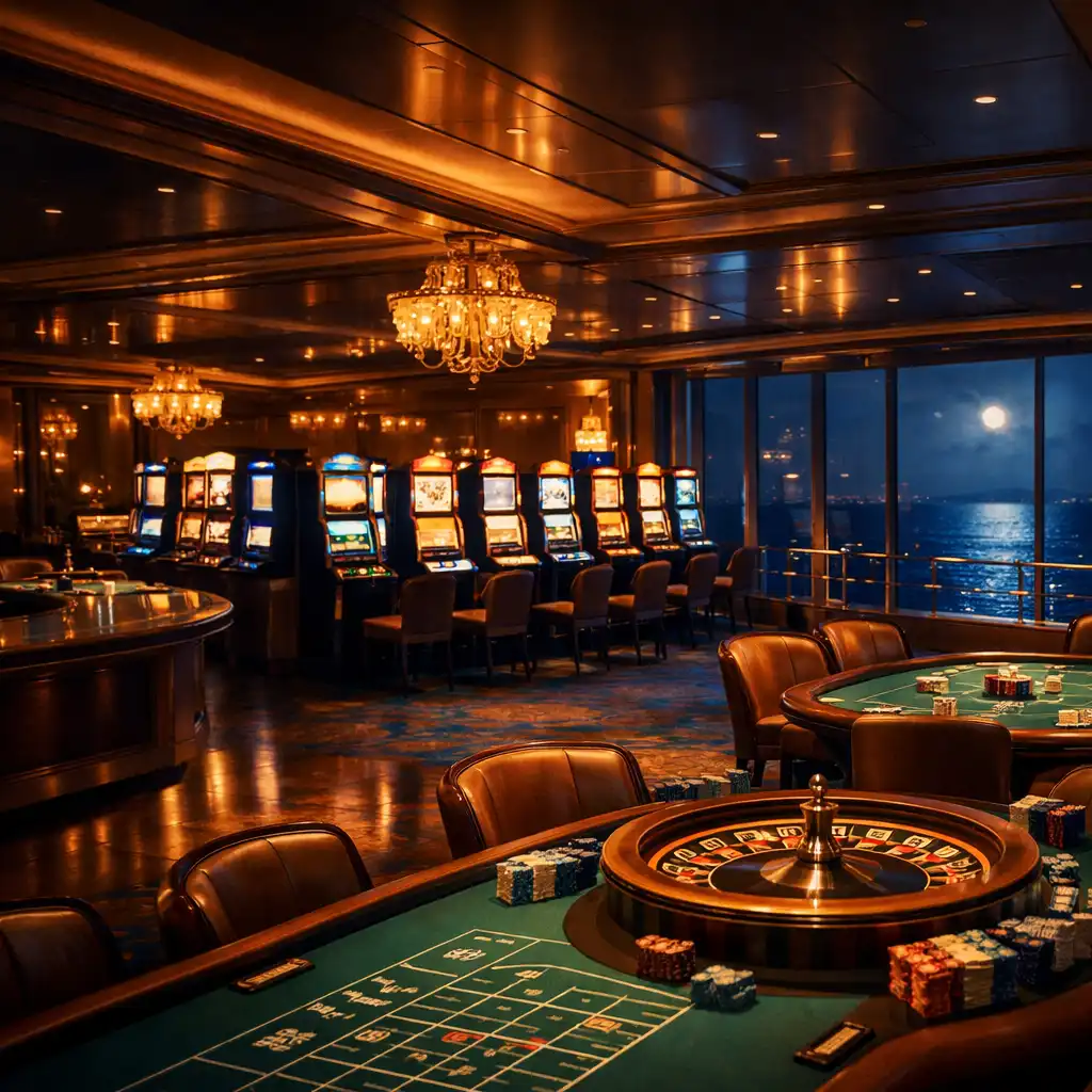 A luxurious cruise ship casino at night with glowing slot machines and elegant table games