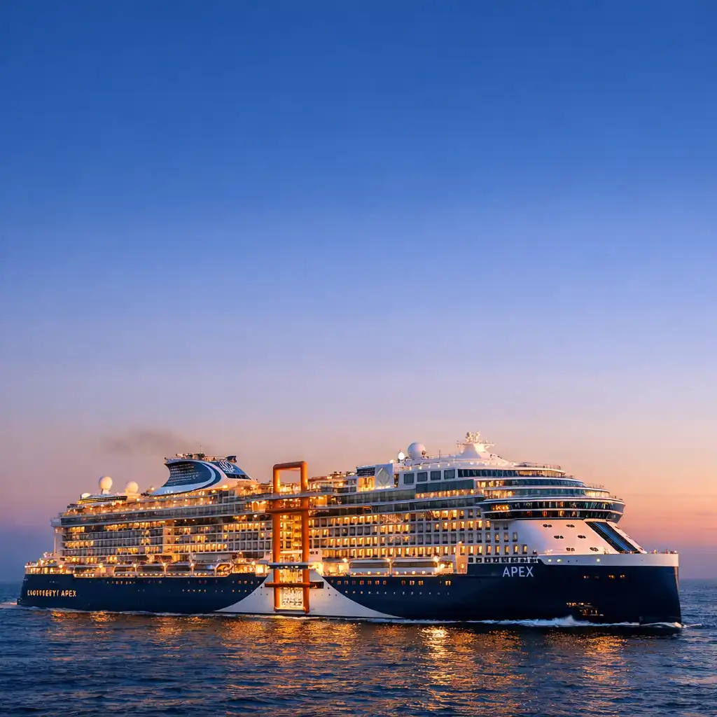 Celebrity Apex cruise ship sailing on calm ocean at golden hour with modern Edge-class profile