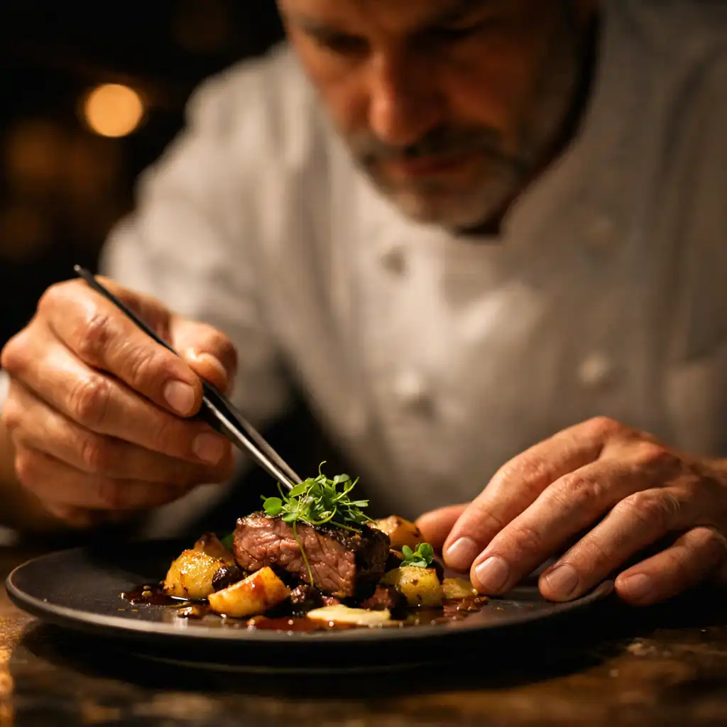 Chef carefully plating a dish in a dimly lit, intimate kitchen setting