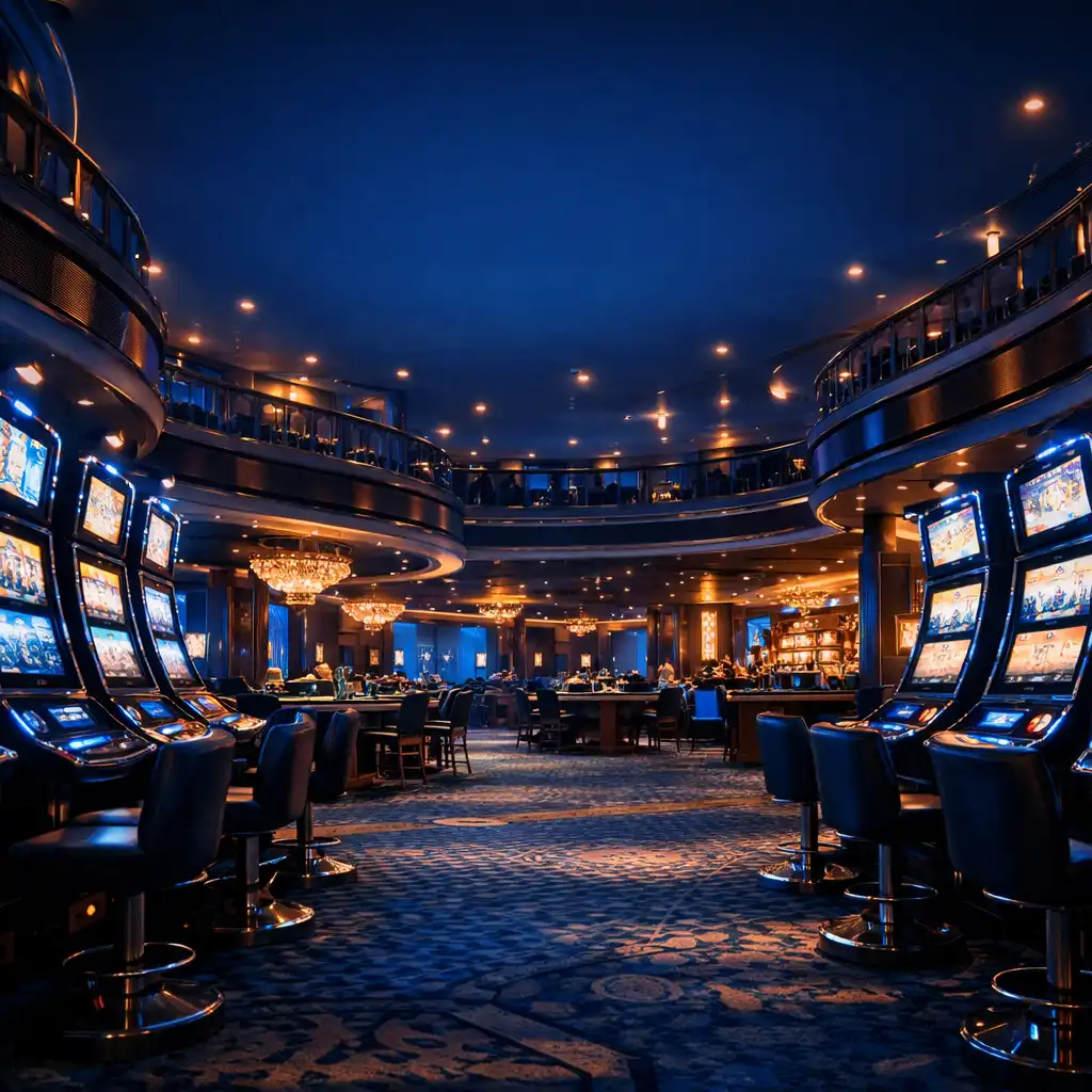 Cinematic view of a luxurious cruise ship casino at night with glowing slot machines and elegant table games