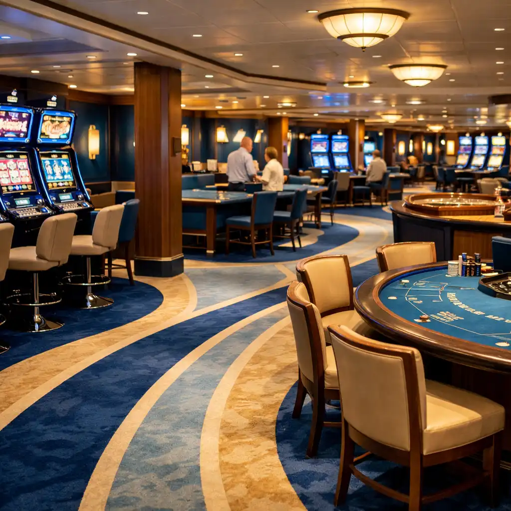 Editorial photograph of a cruise ship casino floor with slot machines and table games in soft ambient lighting