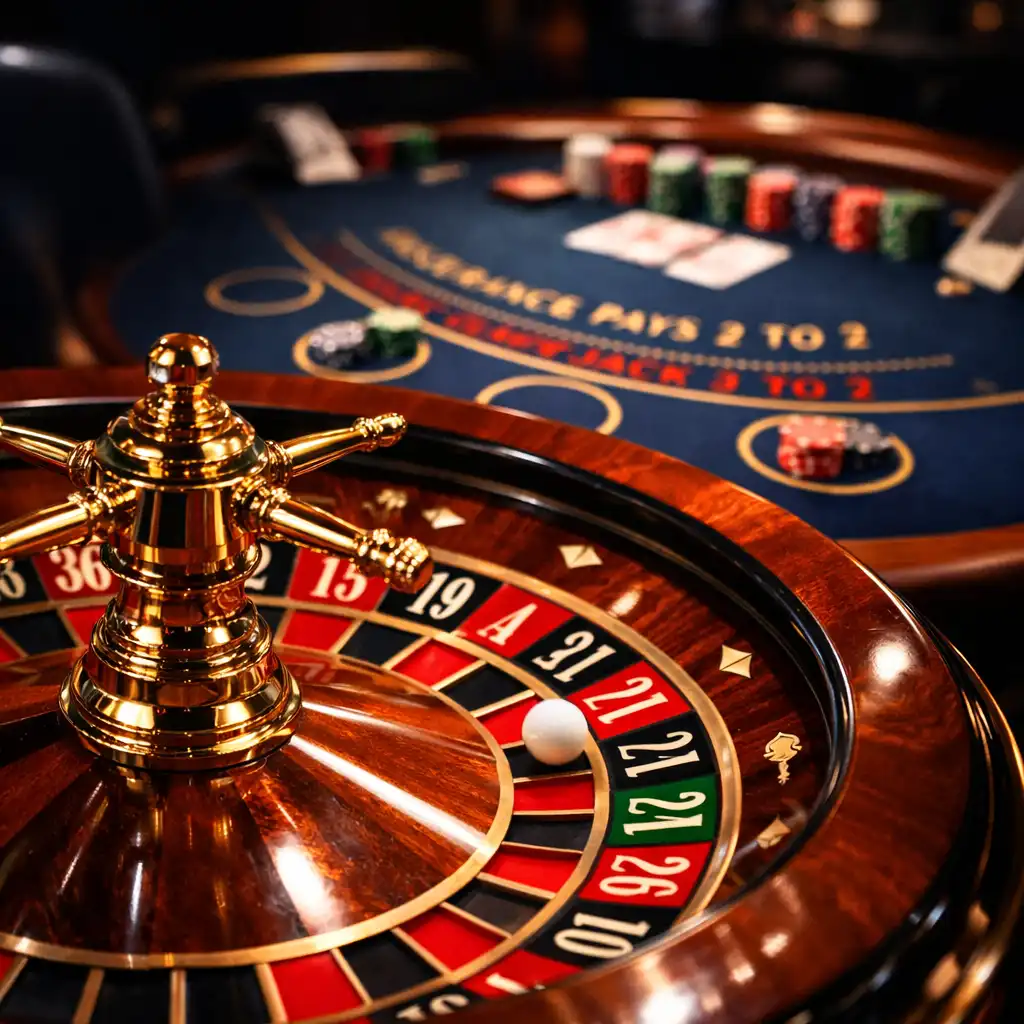 Close-up of a roulette wheel with a blackjack table softly blurred in the background