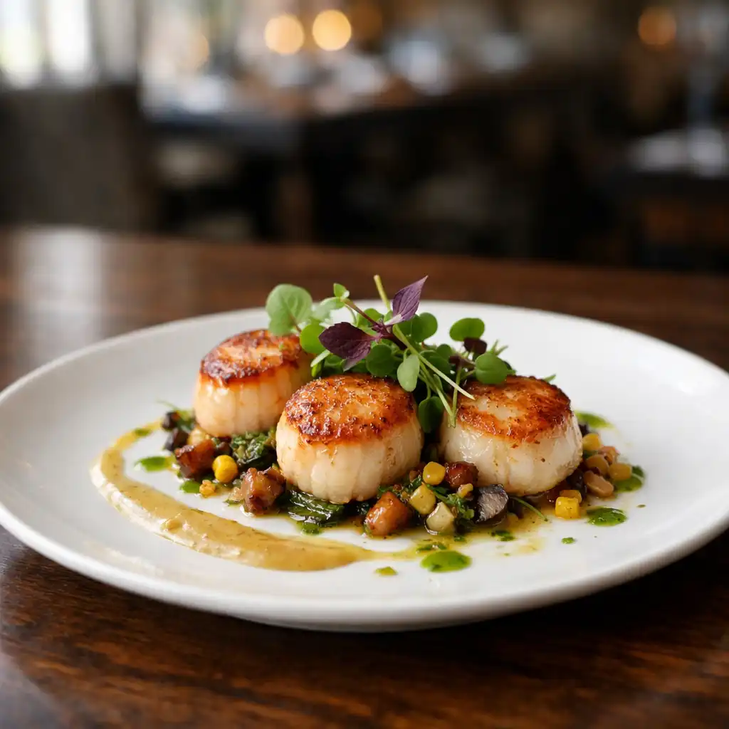 Beautifully plated seared scallops with microgreens and sauce on a white plate