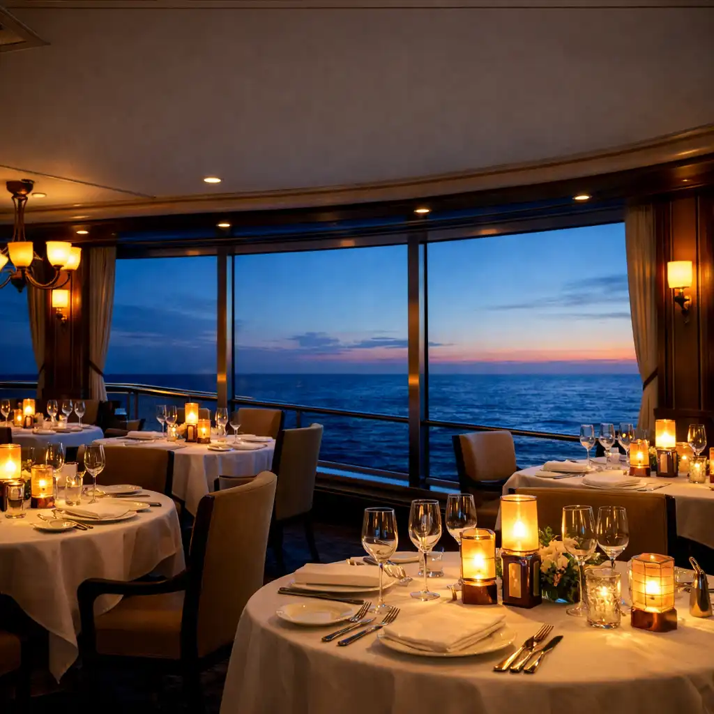 Elegant cruise ship restaurant at dusk with ocean views, white tablecloths, and warm candlelight