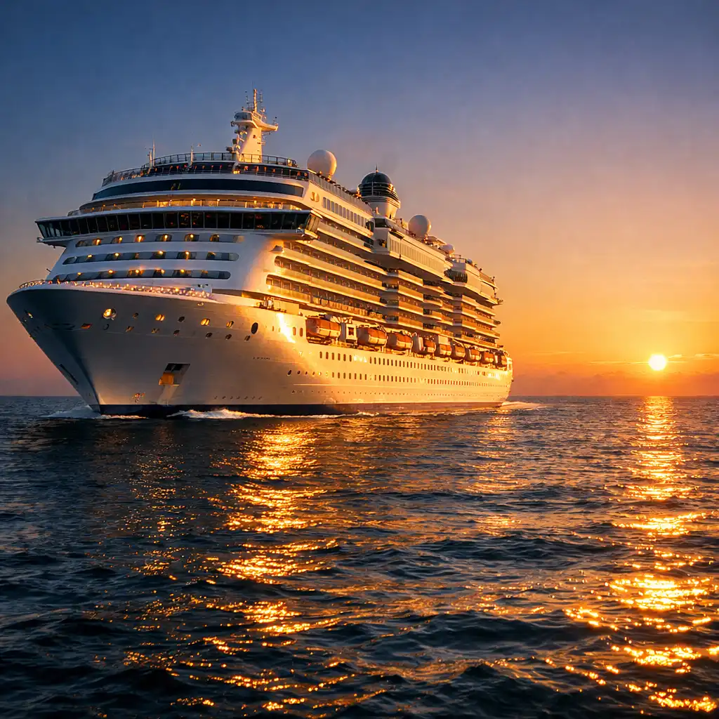 A majestic cruise ship sailing through calm, deep-blue ocean waters at golden hour