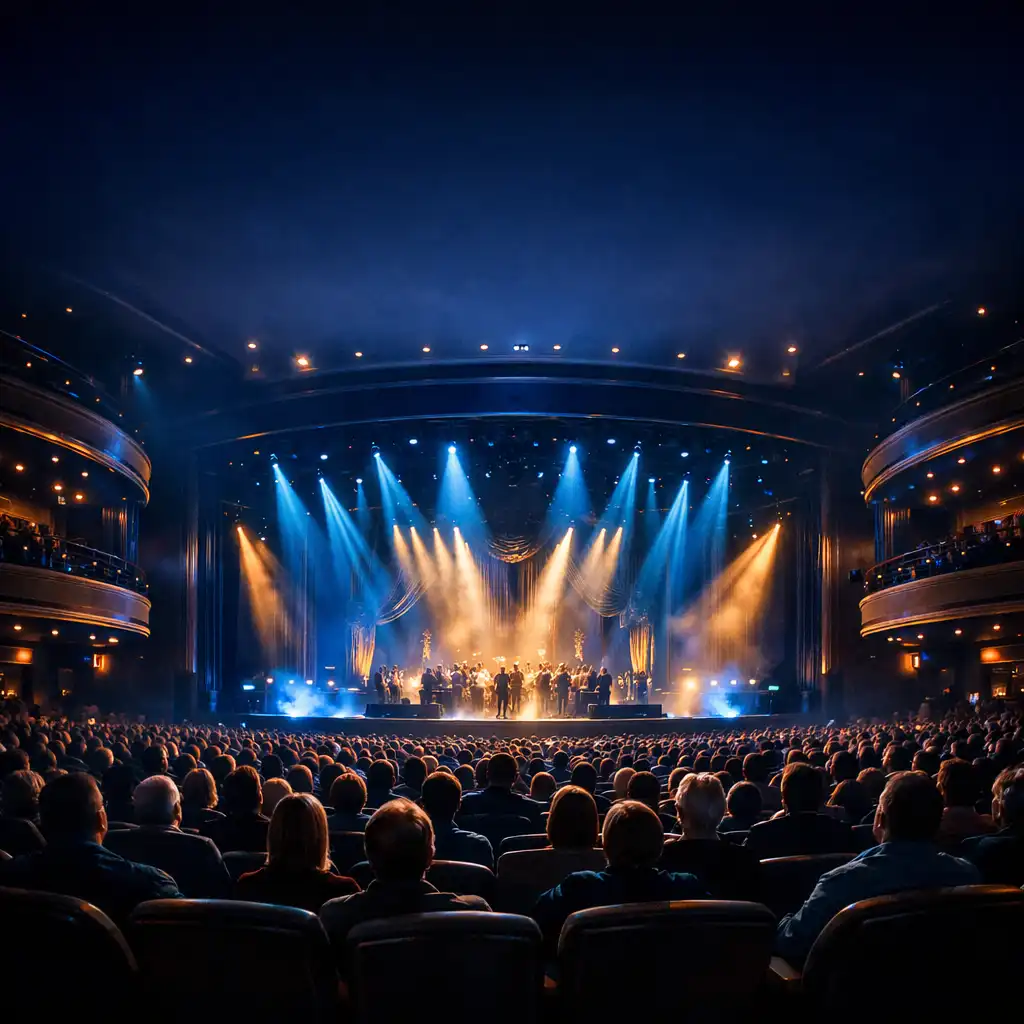 A grand cruise ship theater during a live performance with dramatic blue and gold lighting