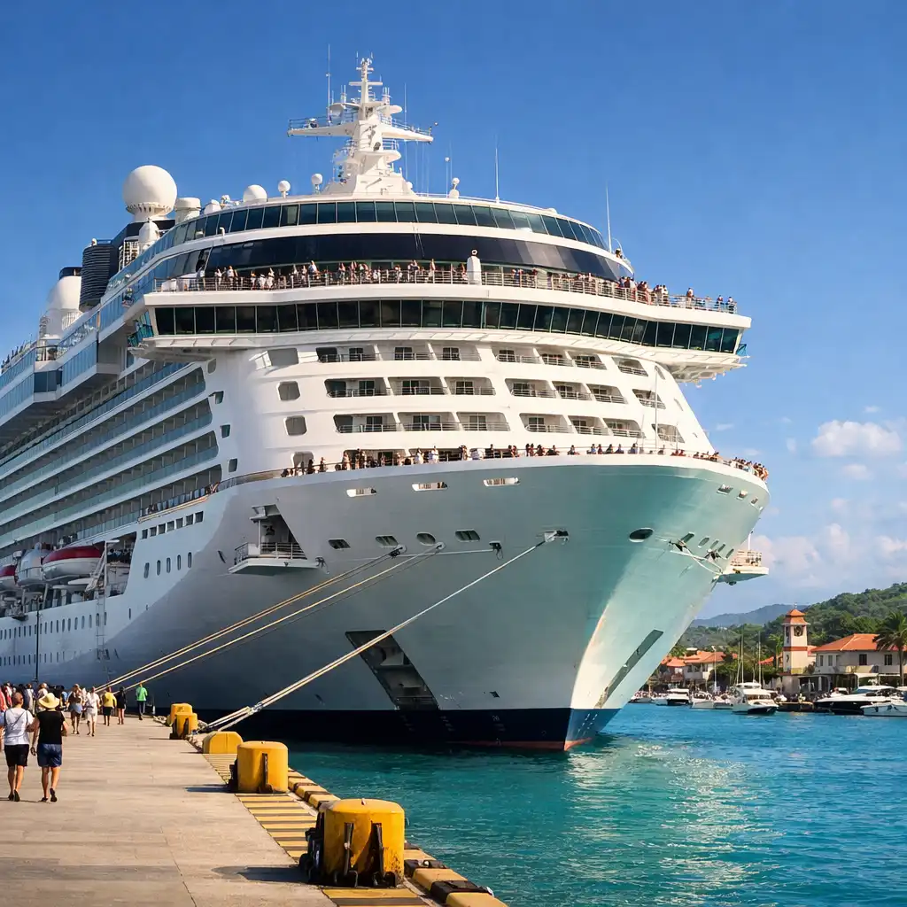 A luxurious cruise ship docked at a picturesque port, viewed from the pier