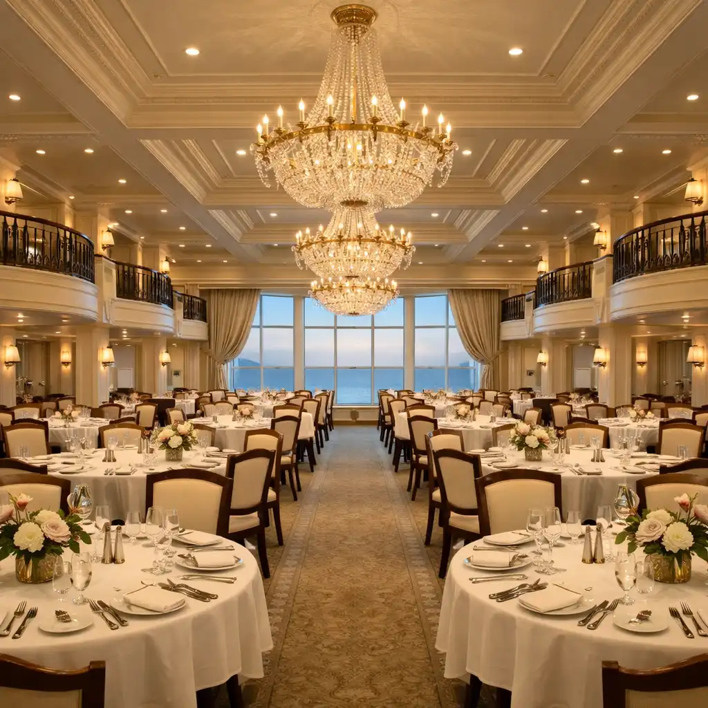Grand cruise ship main dining room with crystal chandeliers, white tablecloths, and sea views
