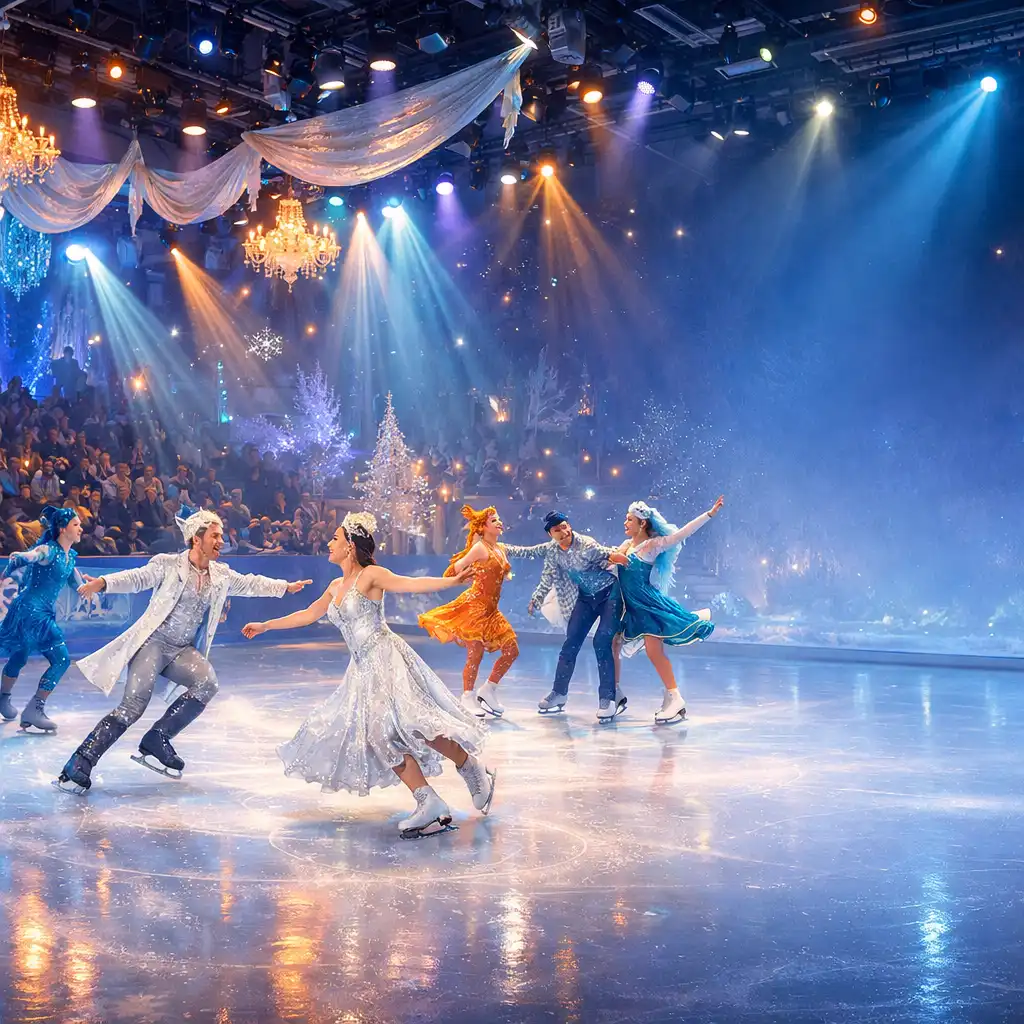 Ice rink performance venue with professional skaters in elaborate costumes under colorful lights