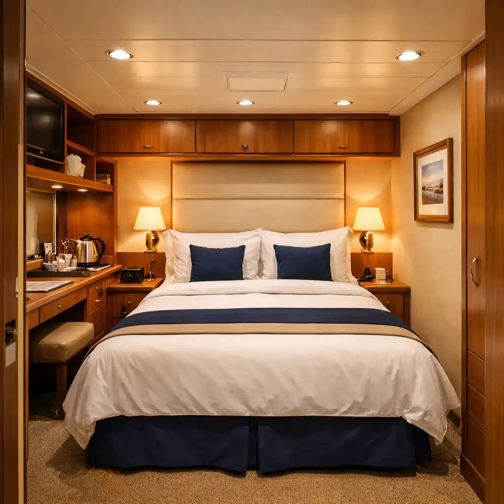Warmly lit interior cruise ship cabin with neat bed, small desk, and clever storage