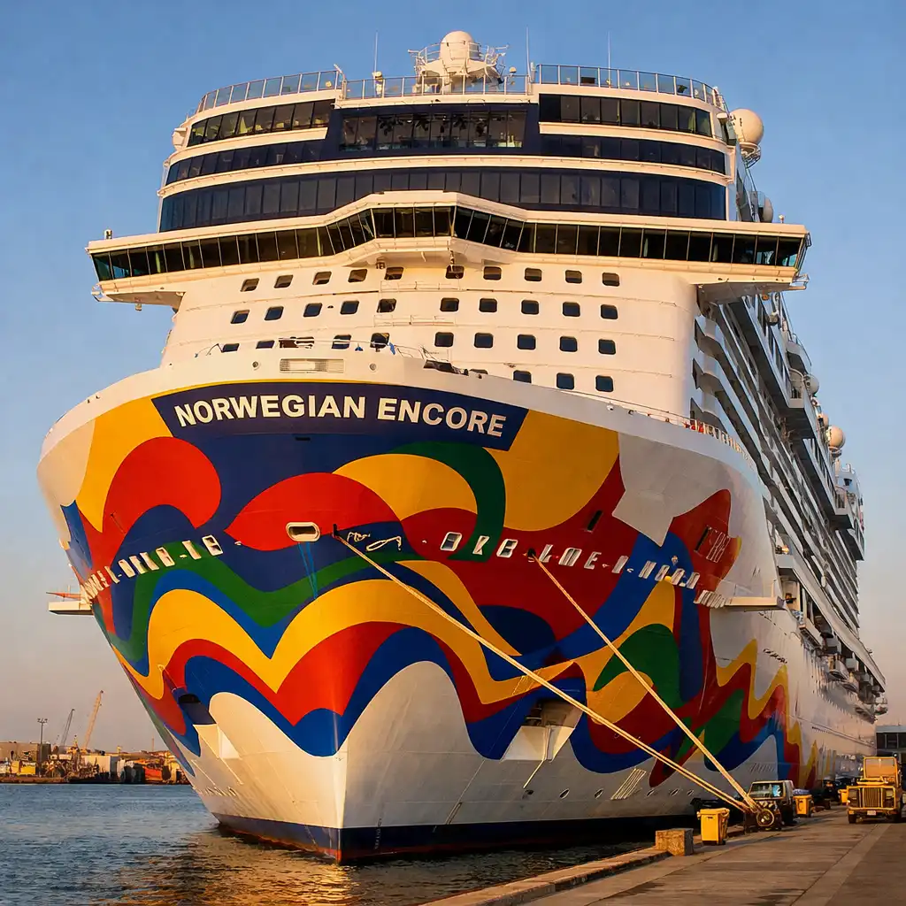 Norwegian Encore cruise ship docked at port with colorful hull art