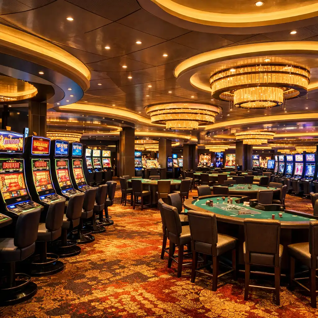 Interior view of Norwegian Encore casino with slot machines and gaming tables