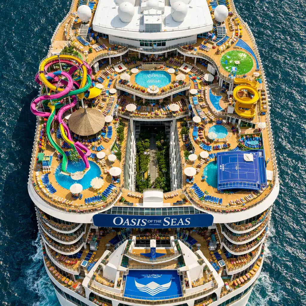 Aerial view of Oasis of the Seas top decks with pools and water slides