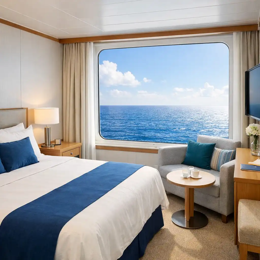 Oceanview cruise ship cabin with large picture window framing the open sea