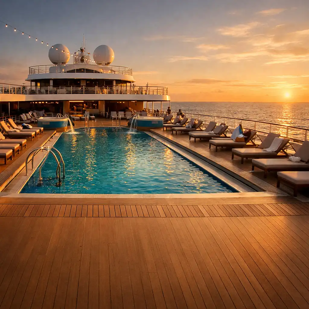A cruise ship pool deck at golden hour with loungers and ocean horizon