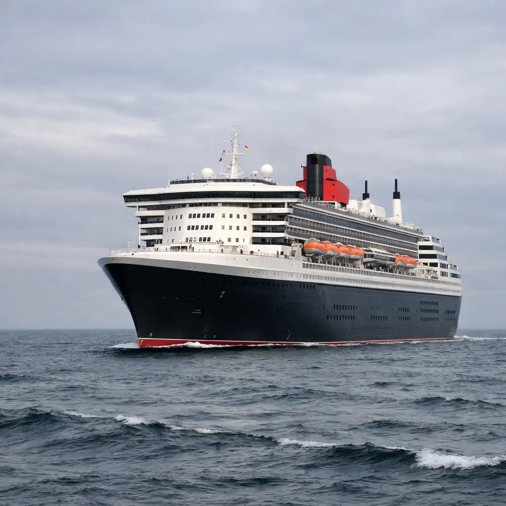 Queen Mary 2 ocean liner sailing on open ocean with classic red and black funnel