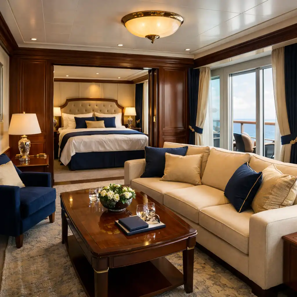 Spacious cruise ship suite with separate living area, sofa, and floor-to-ceiling ocean views